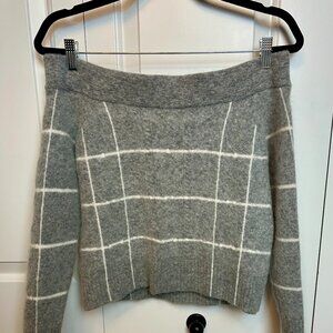 Grey Windowpane Off the Shoulder Wool Sweater - Dh New York